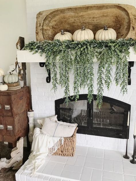 a large shabby chic bread bowl, cascading greenery and three white pumpkins are a great idea for a mantel Large Dough Bowl, Thanksgiving Mantel Decor, Farmhouse Living Room Decor Ideas, Decor Studio, Farmhouse Fall Decor, Farmhouse Decor Living Room, The Fireplace, Dough Bowl, Boho Interior