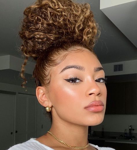 Jasmine Brown high bun High Messy Curly Bun, Jasmine Brown Hairstyles, Hairstyles For 2b Hair, High Bun Curly Hair, Curly Bun Hairstyles For Black Hair, Curly High Bun, High Curly Bun, 2b Hair, Curl Hairstyles