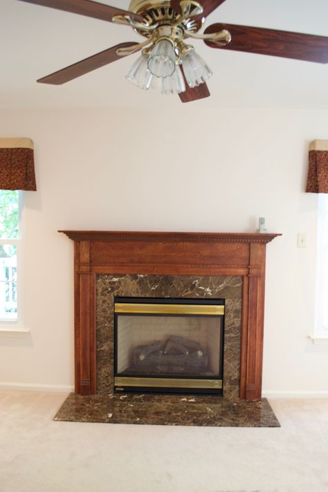 Fireplace Before & After Suburb House, Scream 90s, Master Fireplace, High Heat Spray Paint, Wood Fireplace Surrounds, Granite Hearth, Granite Fireplace, Oak Fireplace, Wooden Fireplace