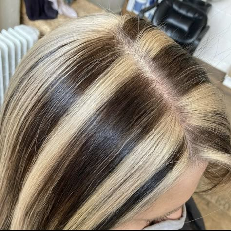 Skunk Stripe Brown And Blonde, Yellow Chunky Highlights, Stripy Hair Blonde Highlights, Chunky Highlights Black And Blonde, Chunky Stripes Hair, Blonde Hair With Skunk Stripe, Chunky Blonde Highlights On Black Hair, Blonde And Brown Skunk Hair, Y2k Striped Hair