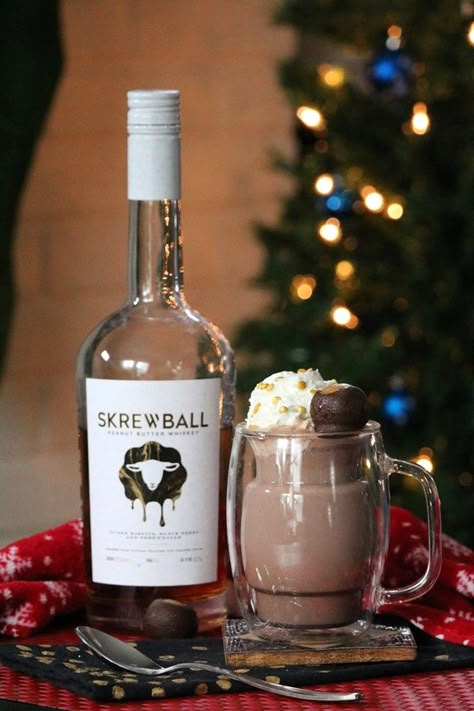 Boozy Buckeye Hot Chocolate with Skrewball Peanut Butter Whiskey Buckeye Recipes, Screw Ball Peanut Butter Whiskey Drinks, Boozy Crockpot Hot Chocolate, Booze Desserts, Skrewball Peanut Butter Whiskey Recipes, Boozy White Hot Chocolate, Alcoholic Hot Chocolate, Boozy Hot Chocolate Bombshell Recipe, Alcohol Chocolate