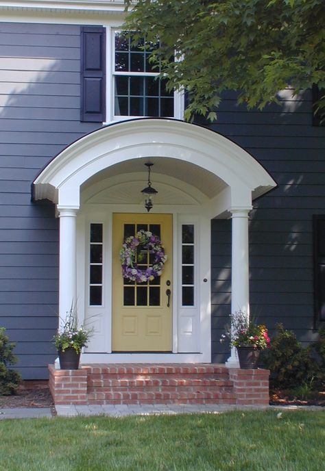 The saying, “Make a Good First Impression”, also applies to the impression people have of your home from first glance. Effect your home’s initial impact on others by small to large changes to its #frontentry and add curb appeal to any home.e House Entrance Design, Portico Ideas, Portico Entry, Porch Overhang, Portico Design, Porch Kits, House Front Porch, Building A Porch, Porch Roof