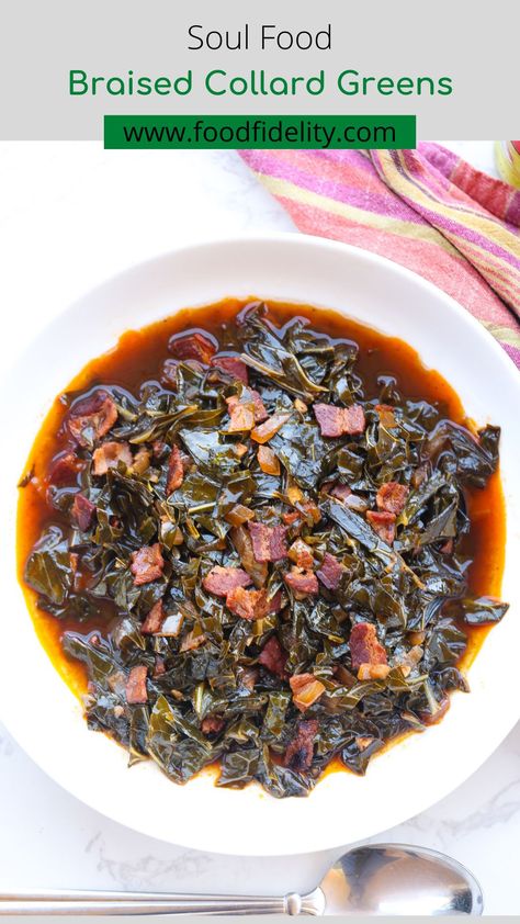 Braised collard greens with bacon a classic flavorful Southern dish. Combines tender greens, crispy bacon, and savory broth for a tasty meal. #braisedcollardgreens #collardgreenswithbacon #collardgreenrecipes #sidedish #soulfood #comfortfood #southernfood #dinner Braised Collard Greens, Greens With Bacon, Easy Soul Food, Collard Greens With Bacon, Southern Collard Greens, Greens Recipes, Potatoes Broccoli, Collard Greens Recipe, Southern Cake