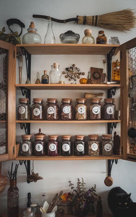 17 Witchy Kitchen Ideas for a Bewitching Cooking Space Witchy Kitchen Ideas, Harry Potter Kitchen, Witchy Kitchen, Spooky Kitchen, Apothecary Decor, Halloween Kitchen Decor, Apartment Makeover, Home Coffee Bar, Halloween Kitchen