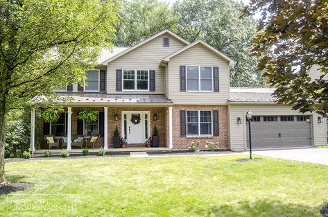 90s colonial exterior renovation with standing seam steel roof 1980s Colonial House Exterior, 1990 House Exterior, Exterior Colonial Makeover, 90s Colonial Exterior Remodel, 2000s Home Exterior, Neo Colonial House Exterior, 80's Houses Exterior, 1990s House Exterior, 2000s House Exterior