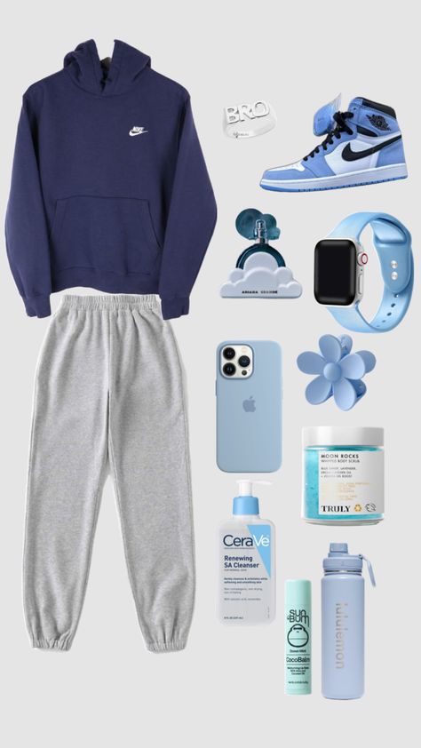 Style Blue Sweatpants, How To Style Blue Sweatpants, Outfits With Blue Sweatpants, Light Blue Outfit Ideas, Light Blue Outfit, Blue Outfit Ideas, 7th Grade Outfits, Outfit Ideas For School, Curvy Casual Outfits