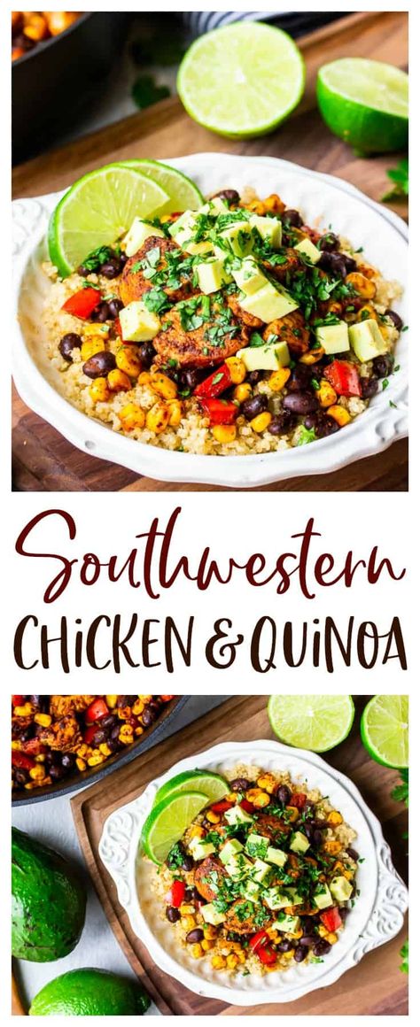 Southwestern Chicken and Quinoa - a quick and easy 30-minute meal that's filling, extremely flavorful, and family-friendly. Chicken is seasoned with spices like chili powder and paprika for intense flavor, then mixed with red peppers, corn, and black beans. Serve it over quinoa topped with avocado, lime slices, and fresh cilantro and dinner is ready! It's perfect for busy weeknights as well as meal prep. | #chicken #southwesternchicken #dinnerideas #glutenfreerecipes #easyrecipes Quinoa Chicken Burrito Bowl, Chicken Quinoa Bowl Meal Prep, Chicken Quinoa Power Bowl, Southwest Chicken Quinoa Bowl, Chicken Bowls With Quinoa, Quinoa With Chicken Recipes, Dinner With Quinoa And Chicken, Shredded Chicken And Quinoa Recipes, Chicken Avocado Quinoa Bowl