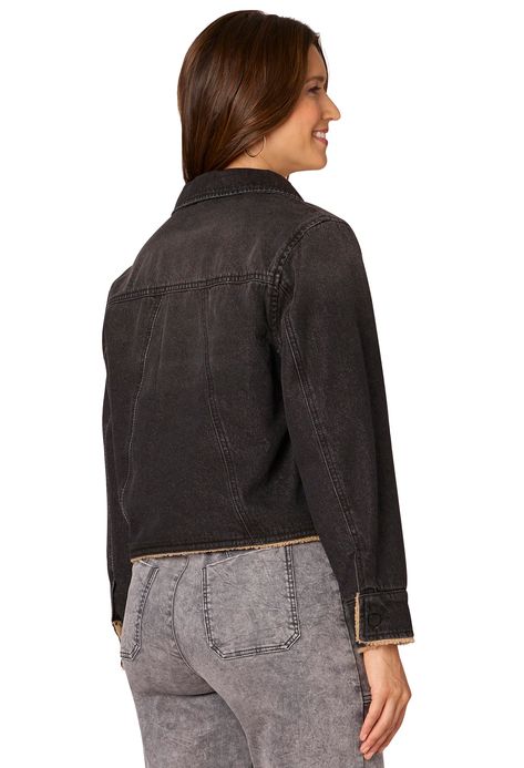 This long sleeve jacket boasts of a unique shape and gives maximum style with minimum effort. It’s designed with a collared neck, button front, cropped hem, triangle back seaming, angled pockets, and a sherpa lining. • Women’s fashion jacket• Black• White weft cotton denim• Collared neck• Sherpa lining• Button front• Seaming details• Angled double front pockets• Long buttoned sleeve• Cropped straight hem • Front length approx. 22 1/4”• Back length approx. 21” Maze Print, Rainbow Scarf, Flower Charm Necklace, Polka Dot Scarf, Leopard Print Scarf, Fur Lined Boots, Scarf Sale, Long Sleeve Jacket, Black Denim Jacket