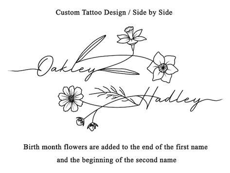 ZetaArtStore - Etsy UK Addison Tattoo Name, Wildflower Name Tattoo, Simple Dafodill Tattoo, Tattoo Ideas For 2 Sons, Birth Flower Bouquet Tattoo With Names, Name In Flower Tattoo, 2 Names Tattoo Ideas, 3 Birth Month Flower Tattoo, Birthflower Name Tattoo