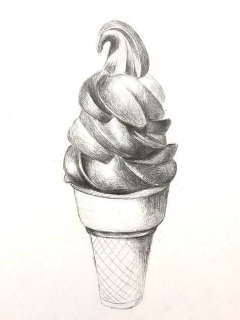 Ice Cream Pencil Drawing, Ice Cream Sketch Drawings, Realistic Shading Drawing, Ice Cream Drawing Realistic, Food Pencil Drawings, Simple Realistic Drawings, Food Sketch Pencil, Shading Drawing Sketches, Ice Cream Sketch