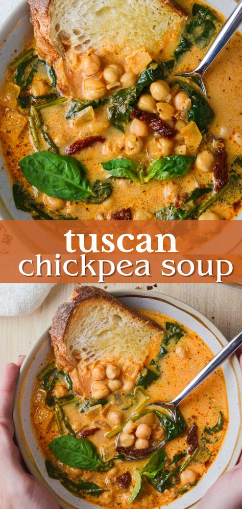 Cozy up with a warm bowl of Tuscan Chickpea Soup that is a great recipe for the cooler months. It combines Mediterranean flavors like sundried tomatoes and fresh herbs with hearty chickpeas for a creamy soup that will be one of your new favorites! I love this soup in the fall and winter months. Pair with some toasted bread for the perfect dinner. Mediterranean Flavors, Chickpea Soup, Sundried Tomatoes, Toasted Bread, Vegan Soup Recipes, Chickpea Recipes, Perfect Dinner, Tasty Vegetarian Recipes, Creamy Soup