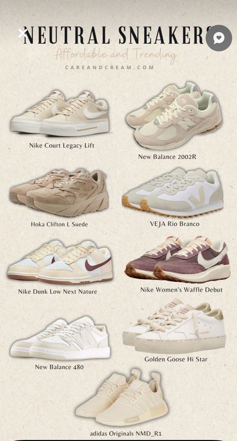 Cute Trainers Women, Tan New Balance Outfit, Neutral Everyday Shoes, New Balance Shoes Woman, Nike White Sneakers Women, White And Beige Sneakers, Cute Outfits With White Sneakers, Street Wear Sneakers, Aesthetic White Sneakers