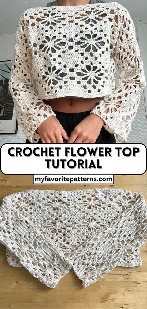 Crochet Flower Top Tutorial - Free Crochet Pattern Crochet Flower Top, Crochet Shirt Pattern, Crochet Crop Top Pattern, Mode Crochet, Crochet Tops Free Patterns, Diy Vetement, Crochet Design Pattern, Crochet Summer Tops, Flower Top