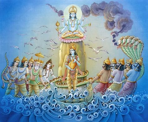 The #Samudra #Manthan is a very important episode as per the Puranas. The churning of the milky ocean, i.e. Samudra Manthan in search of the amrit, took place during the month of Shravan. During the churning, 14 different #rubies emerged from the ocean. Thirteen rubies were divided among the devas and the asuras, however, Halahal, the 14th ruby remained untouched as it was the deadliest poison which could destroy the whole universe and every living being. Lord Shiva drank the Halahal and stored Ocean Thirteen, Samudra Manthan, Tirumala Venkateswara Temple, Birthday Calendar Board, Whole Universe, The Mahabharata, Lakshmi Images, Lord Vishnu Wallpapers, Free Hand Rangoli