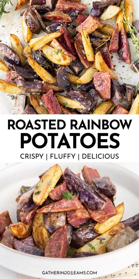 Rainbow Potatoes, Roasted Potato Recipe, Vegan Christmas Dinner, Roasted Potato, Roasted Potato Recipes, Vegan Christmas Recipes, Easy Potato Recipes, Potato Recipe, Picky Eater Recipes