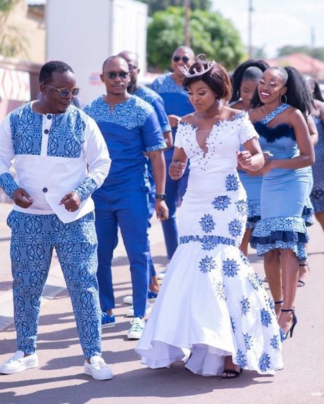 16 STUNNING SHWESHWE WEDDING PATTERNS Chitenge Wedding Dress, Wedding Kitenge Designs, African Wedding Attire For Women, Traditional African Bridal Dresses, Traditional Dresses For Wedding, Shweshwe Dresses South Africa, Shweshwe Dresses Patterns, Tswana Traditional Wedding Dresses, Shweshwe Designs