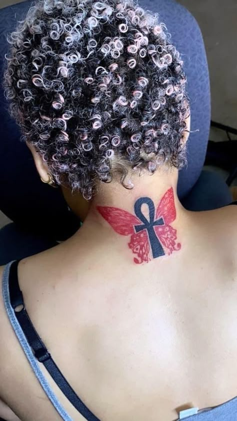 Blue Ink Tattoos Black Women, Ankh Tattoo Women Chest, Dope Neck Tattoos Women, African Tattoos For Women, Neck Tats Women, Honey Tattoos, Ankh Tattoos, Symbolism And Meanings, Word Tattoo Ideas