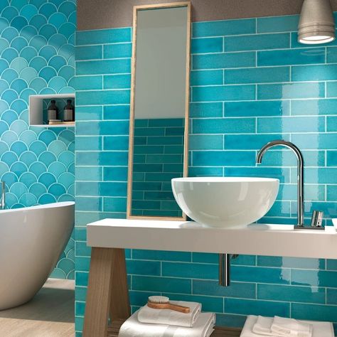 Turquoise Bathroom Tiles, Blue Wall Tile, Modern Wall Tiles, Porcelain Superstore, Turquoise Bathroom, Blue Tile Wall, Bathroom Fireplace, Small Bathroom Makeover, Feature Tiles