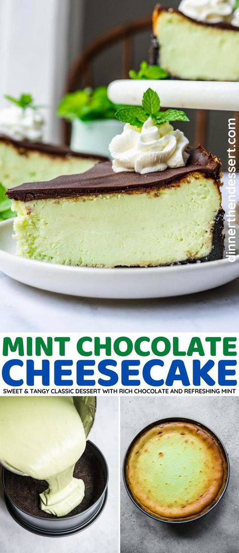 Mint Chocolate Cheesecake is a refreshing sweet treat with an Oreo crust, creamy, green mint filling, and a rich chocolate ganache topping. Mint Chocolate Cheesecake Recipes, Mint Chocolate Chip Cheesecake, Chocolate Mint Cheesecake, Green Cheesecake, Chocolate Ganache Topping, Mint Pie, Mint Chocolate Cheesecake, Mint Cheesecake, Dark Chocolate Mint