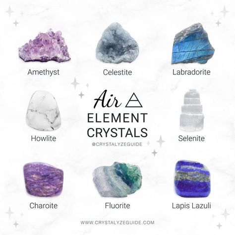 ✨ 𝐂 𝐑 𝐘 𝐒 𝐓 𝐀 𝐋 𝐘 𝐙 𝐄 ✨ on Instagram: "🌬️ 𝐀𝐢𝐫 𝐄𝐥𝐞𝐦𝐞𝐧𝐭 𝐂𝐫𝐲𝐬𝐭𝐚𝐥𝐬 » Amethyst : Calm | Intuition | Protection » Celestite : Peace | Angelic Communication | Calm » Labradorite : Transformation | | Magic » Howlite : Patience | Intuition | Calm » Selenite : Spiritual & Personal Growth | Cleansing » Charoite : Transformation | Clarity | Guidance » Fluorite : Balance | Clarity | Focus » Lapis Lazuli : Intuition | Clarity | Communication 🌀 Air Element Crystals are based on cr Air Element Crystals, Air Crystals, Elemental Crystals, Elemental Magick, Crystal Kits, Healing Crystals For You, Crystals Amethyst, Air Element, Energy Healing Spirituality