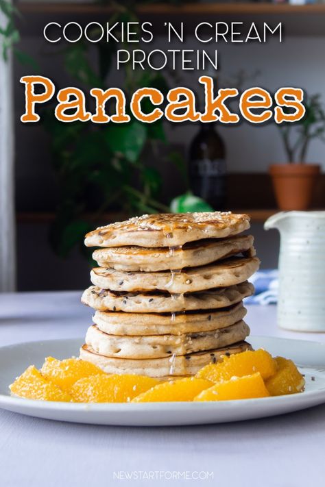 Ramp up your breakfast with this tasty and healthy cookies 'n cream protein pancakes recipe. Packed with all the nutrition you need to fuel your day! Herbalife Protein Pancakes Recipes, Shakeology Cookies And Cream Recipes, Herbalife Pancakes, Shakeology Pancakes, Herbalife Cookies And Cream, Sunday Pancakes, Protein Pancakes Recipe, Protein Powder Pancakes, Whey Protein Recipes