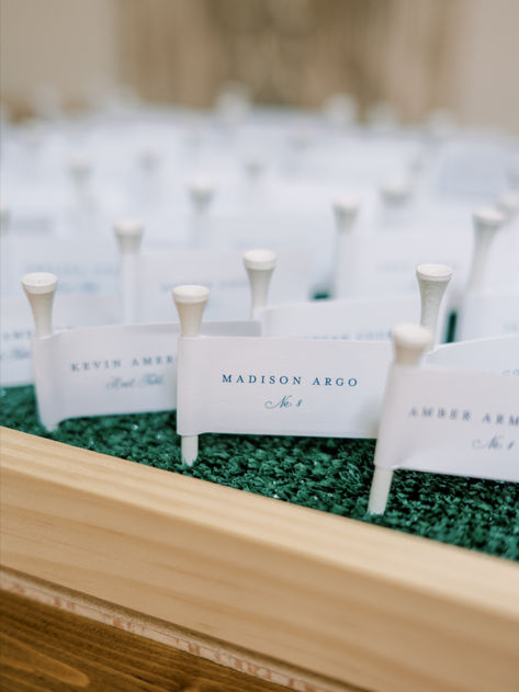 A fun and creative way to display your escort cards if you're an avid golfer or getting married at a golf or country club. Golf Scorecard Wedding, Golf Place Cards, It’s About Shucking Time, Golf Seating Charts, Golf Ball Seating Chart Wedding, Golf Wedding Invitations, Golf Seating Chart, Golf Rehearsal Dinner Ideas, Country Club Wedding Aesthetic