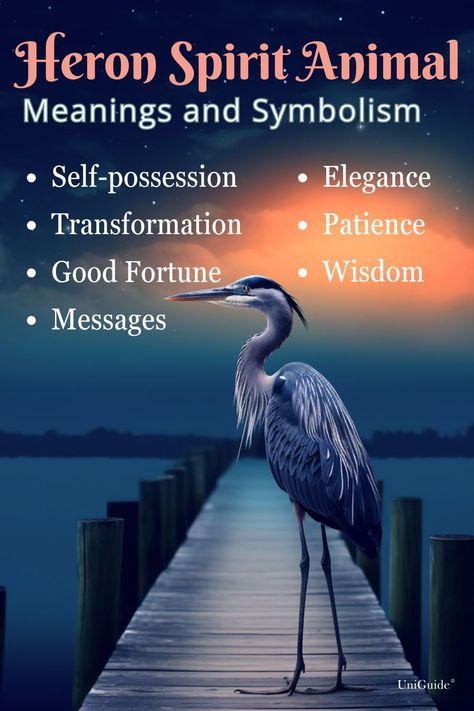 Learn about heron symbolism and meaning, including spiritual meaning, as well as the heron spirit animal on UniGuide. #heron #symbolism #spiritanimal #elegance #patience #selfpossession #wisdom #messages #transformation #goodfortune #graceful #bird #nature #symbolic #reflection #serenity #insight #calmness #wadingbird #spiritguide #quietstrength #tranquility #intuition #majestic #wings #gracefulness #naturalworld #innerpeace #symbolicmeaning #balance #heronwisdom Hare Spirit Animal Meaning, Blue Heron Spiritual Meaning, Heron Spiritual Meaning, Heron Meaning, Heron Symbolism, Bird Symbolism Meaning, Crane Symbolism, Animals Meaning, Spiritual Animals