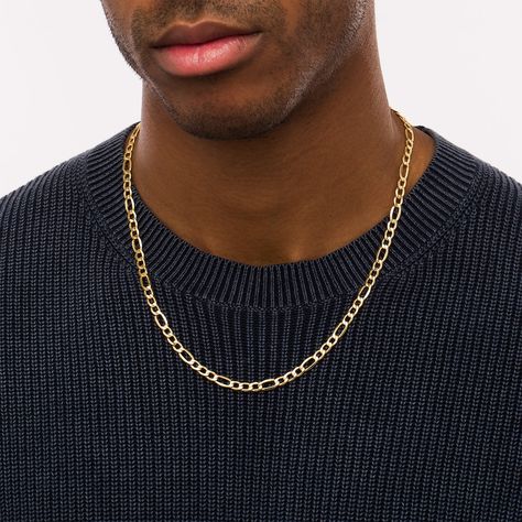 Your chic look isn't complete without this always on-trend 14K gold figaro chain necklace for men. Purchase right from this page! Have any questions? Feel free to contact me at aneesa.alli@signetjewelers.com or 330-668-5637. I would be more than happy to assist you! Happy shopping! Gold Figaro Chain, Mens Bangles, Chain Necklace For Men, Gold Curb Chain, Cool Tattoos For Guys, Figaro Chain Necklace, Curb Chain Necklace, Golden Necklace, Gold Chains For Men