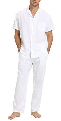 RPOVIG Linen Shirt Pants Outfits:Men's Linen Sets 2 Piece Short Sleeve Shirts Yoga Pants Beach Wedding Suits Linen Set Outfit, White Linen Pants Outfit, White Linen Outfit, Beach Wedding Suits, Beach Wedding Outfit, Beach Outfit Men, Linen Pants Outfit, Mens Linen Pants, Pants Outfit Men