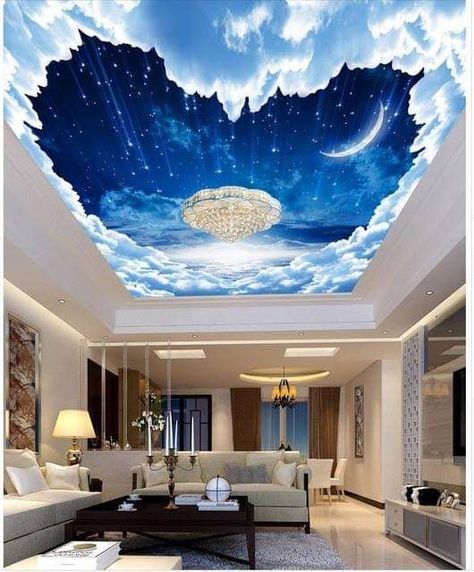 Bedroom Ceiling Wallpaper, Wallpaper For Ceiling, Planet Ceiling, Clouds Ceiling, Murals Bedroom, Blue Universe, 3d Wallpaper Ceiling, Ceiling Mural, Blue Sky White Clouds