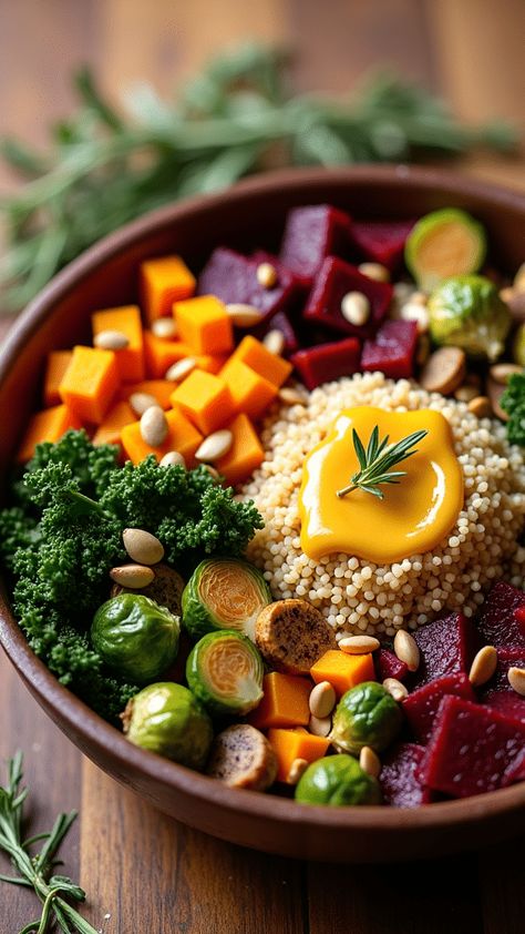 Fall Vegetable Quinoa Bowl Fall Harvest Bowl Recipe, Fall Quinoa Bowl, Sweet Potato Quinoa Bowl, Colorful Salad Recipes, Fall Quinoa, Kale Butternut Squash, Seasonal Veggies, Vegetable Quinoa, Power Bowl