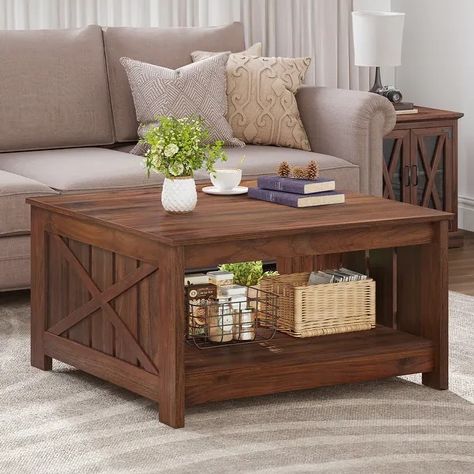 Modern Rustic Square Wood Coffee Table with Storage - On Sale - Overstock - 37249785 Wooden Coffee Table Decor, Farmhouse Coffee Table With Storage, Square Wood Coffee Table, Modern And Rustic Decor, Wood Cocktail Table, Wood Furniture Living Room, Square Cocktail Table, Farmhouse Coffee Table, Farmhouse Style Living Room