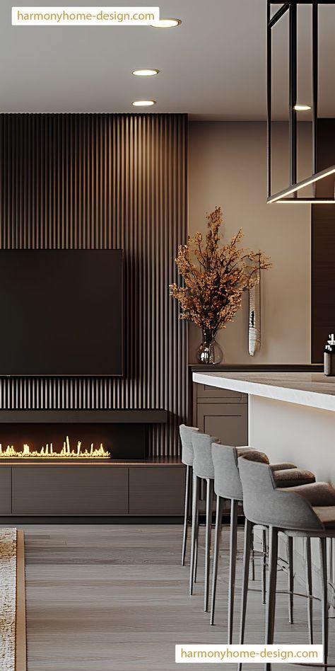 A modern TV wall with feature lighting adds depth and warmth to the living room. Black Tv Wall Ideas, Slat Wall Fireplace Tv, Contemporary Tv Wall Design Modern, Slat Wall Living Room, Tv Wall Console, Tv Accent Wall Ideas Mounted Tv, Console With Fireplace, Behind Tv Wall Decor, Timeless Living Room Interior Design