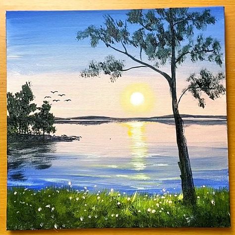 Lake Scene Painting Acrylic Easy, Simple Lake Painting, Lake Reflection Painting, Lake Painting Easy, Lake Scene Painting, Lake Acrylic Painting, Acrylic Painting Sunset, Canvas Art Painting Acrylic, Art Of Painting