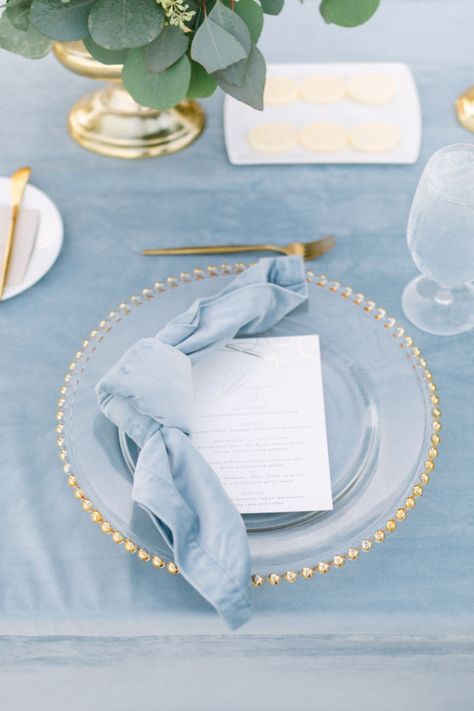 Navy And Dusty Blue Wedding Table Setting, Sweet Heart Table Dusty Blue, Blue Napkin Wedding Place Settings, Steel Blue Wedding Reception, Blue Table Cloth Decorations, Coastal Table Setting Wedding, Round Tables With Table Runners, Dusty Blue Table Decorations, Light Blue And Gold Table Setting