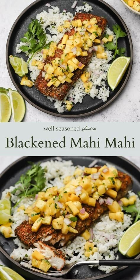 Mahi Mahi With Coconut Rice And Mango Salsa, Mahi Mahi Pineapple Salsa, Fish And Pineapple Recipe, Mahi Mahi And Rice, Pineapple Mahi Mahi Recipes, Mahi Mahi Rice Bowl, What To Serve With Mahi Mahi, Mahi Mahi Mango Salsa, Blackened Mahi Mahi Recipes