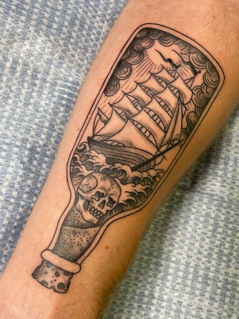 Ship in a bottle forearm tattoo with skull American Traditional Ship In A Bottle Tattoo, Traditional Ship In A Bottle Tattoo, Pirate Ship In A Bottle Tattoo, Ship Bottle Tattoo, Ship In A Bottle Tattoo Traditional, Bottle Ship Tattoo, American Traditional Bottle Tattoo, Rum Bottle Tattoo, American Traditional Ocean Tattoo