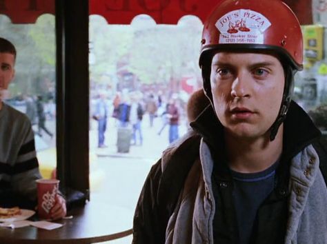 Joe's Pizza has multiple locations throughout the city, but the most famous one is also the site of Peter Parker's temporary employment as a delivery boy. Movie Map, Pizza Delivery Boy, Nyc Spots, Delivery Boy, Delivery Guy, Pizza Branding, Pizza Boy, Pizza Delivery Guy, Tobey Maguire