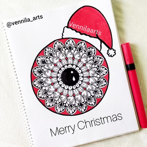 Christmas Merry Christmas Mandala Art, Christmas Mandala Art With Pen, Christmas Mandala Art Drawing, Christmas Mandala Drawing, Holiday Zentangle, Christmas Mandala Art, Easy Mandala Art For Beginners, Merry Christmas Drawing, Easy Mandala Art