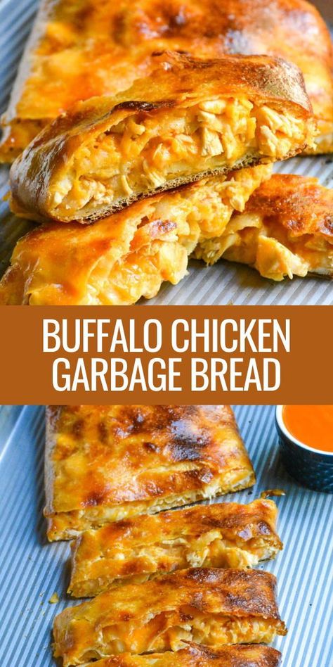 Buffalo chicken garbage bread is any cheese and wing lover’s dream. Packed full of tender, spicy chicken, an ooey gooey blend of melted cheddar and mozzarella cheese, and just enough ranch dressing, you’ll adore this stromboli. #bread #dinner #appetizer #stromboli Buffalo Chicken Food Ideas, Buffalo Appetizer Recipes, Buffalo Food, Buffalo Chicken Melt, Buffalo Mozzarella Recipes, Chicken Bread Recipes, Chicken Stromboli, Buffalo Chicken Pizza Rolls, Buffalo Chicken Ideas