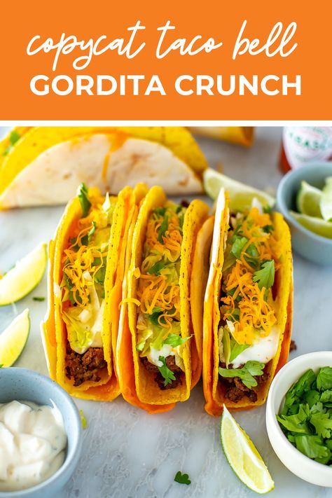 Cheesy Gordita Crunch Recipe Tortilla With Cheese, Gorditas Recipe Mexican, Taco Bell Nacho Cheese, Gorditas Recipe, Crunchwrap Recipe, Taco Bell Copycat, Copycat Taco Bell, Hard Shell Tacos, Veggie Main Dishes