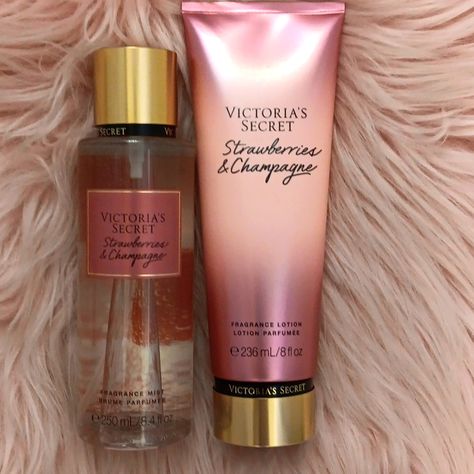 Brand New Victoria's Secret Fragrance Mist & Lotion-2ct Strawberries & Champagne Wild Strawberry Sparkling Champagne Forever Bubbly 8.4fl.Oz. & 8fl.Oz By Victoria's Secret Price $38 Champagne With Strawberries, Vs Strawberries And Champagne, Strawberry And Champagne Victoria Secret, Victoria Secret Perfume Collection, Victorias Secret Perfumes, Strawberries And Champagne, Profumo Victoria Secret, Victoria Secret Body Spray, Victoria Secret Body Mist