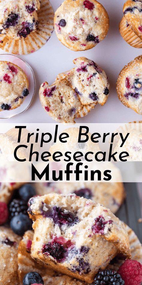 You have just found your new favorite crowd-wowing recipe - triple berry cheesecake muffins! Packed with fresh berries, these moist, fluffy muffins are layered with cheesecake goodness. Plus, I’m teaching you my tried and true steps to making impressive bakery-style domed tops! Mixed Berry Recipes, Triple Berry Cheesecake, Triple Berry Muffins, Berry Muffin Recipe, Mixed Berry Muffins, Muffin Cups Recipes, Fluffy Muffins, Berry Waffles, Berry Pancakes