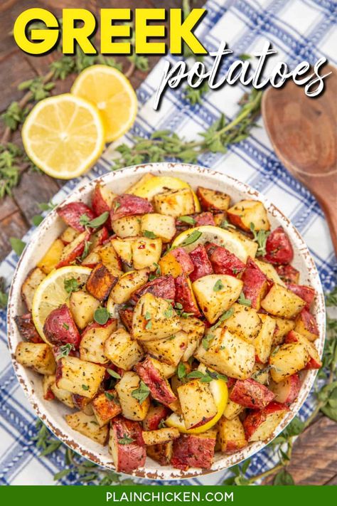 Greek Potatoes – red potatoes tossed in olive oil, Greek seasoning, lemon juice and lemon zest. They're a side dish that steals the show. Greek Lemon Potatoes, Greek Potatoes, Quick Side Dishes, Lemon Potatoes, Greek Seasoning, Plain Chicken, Creamy Potato, Green Bean Recipes, Potato Casserole