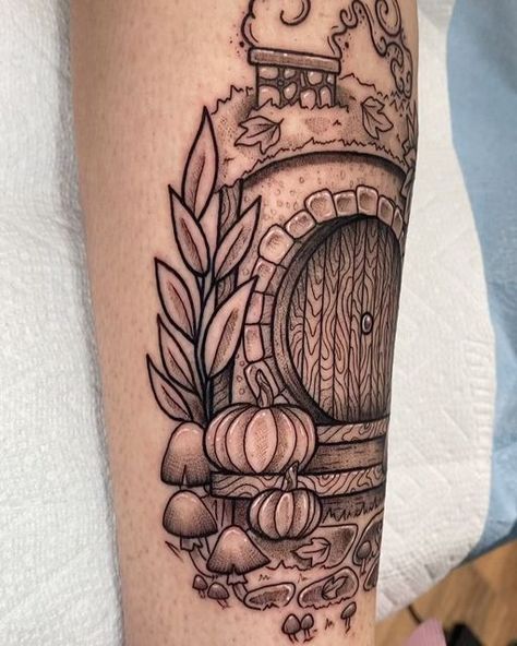 Hobbit Inspired Tattoo, Hobbit Sleeve Tattoo, Hobbit Home Tattoo, Hobbit Door Tattoo, Lord Of The Rings Tattoo Hobbit Door, Lord Of The Rings Tattoo Color, Hobbit Hole Tattoo, Hobbit Tattoo, Literary Tattoo