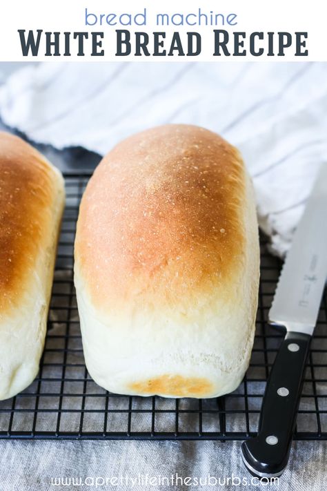 Let your bread machine do all the mixing and kneading for these Bread Machine White Bread Loaves!  Then shape the dough into loaves and bake them in your oven. A perfect sandwich bread recipe. Bread Maker White Bread Recipe, Best White Bread Recipe, Bread Machine White Bread, Easy Sandwich Bread Recipe, White Bread Machine Recipes, Bread Machine Mixes, All Purpose Flour Recipes, Bread Machine Recipes Sweet, Easy White Bread Recipe