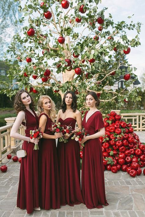 Apple Red Wedding, Snow White Wedding, Fall Wedding Arches, Apple Wedding, Red And White Weddings, Red Wedding Theme, White Wedding Theme, Theme Nature, Red Bridesmaids