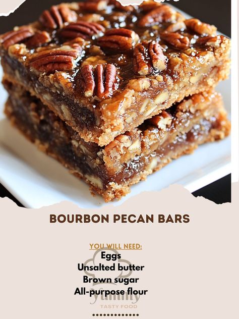 Satisfy your sweet tooth with these scrumptious Bourbon Pecan Bars! 🥃🥧 A delightful treat for every occasion!" Bourbon Pecan Bars Ingredients: All-purpose flour (1½ cups) Brown sugar (¾ cup) Unsalted butter (½ cup, melted) Eggs (2) Granulated sugar (¾ cup) Corn syrup (½ cup) Bourbon (¼ cup) Chopped pecans (1 cup) Vanilla extract (1 tsp) Salt (¼ tsp) Instructions: Preheat oven to 350°F (175°C) and grease a 9x9 inch pan. Mix flour, brown sugar, and melted butter in a bowl. Press the mixture... Brown Sugar Bourbon Pecan Cookies, Bourbon Pecan Bars Recipe, Brown Butter Bourbon Pecan Cookies, Bourbon Pecan Pie Bars, Bourbon Cookies, Pecan Cheesecake Bars, Pecan Bars Recipe, Cozy Fall Recipes, Bourbon Pecan Pie