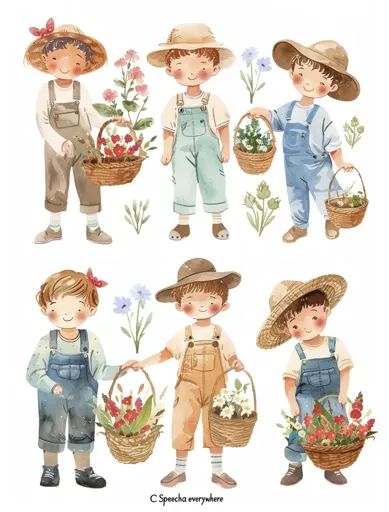 ↑↑↑ Larger size on website 🔸 The image depicts six children, all wearing overalls and straw hats, holding baskets filled with flo 🔸 From Midjourney AI Image Wearing Overalls, Gardening Hat, Summer Scenes, Flower Baskets, Straw Hats, Flower Basket, Straw Hat, Baskets, Straw