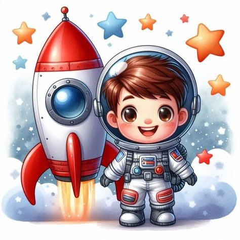 6 Month Baby Activities, Boys Artwork, Astronaut Cartoon, Space Theme Party, Cartoon Style Drawing, Space Birthday Party, Space Painting, Baby Drawing, Space Birthday